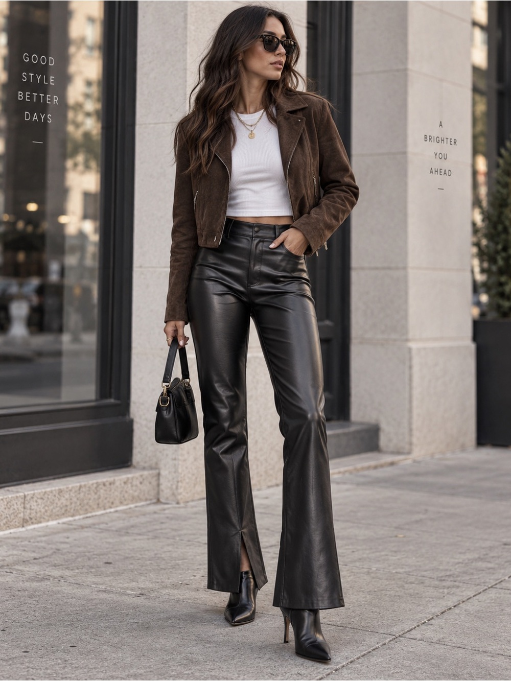 Zara Black Faux Leather High Rise Straight Leg Split Hem Pants US 6